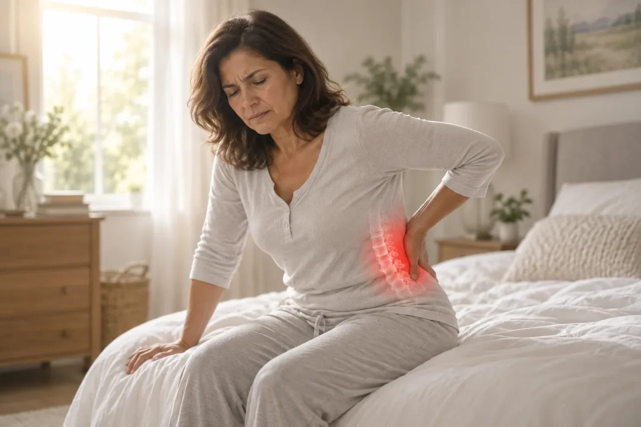Woman sitting on the edge of her bed in the morning, hand pressed to her lower back