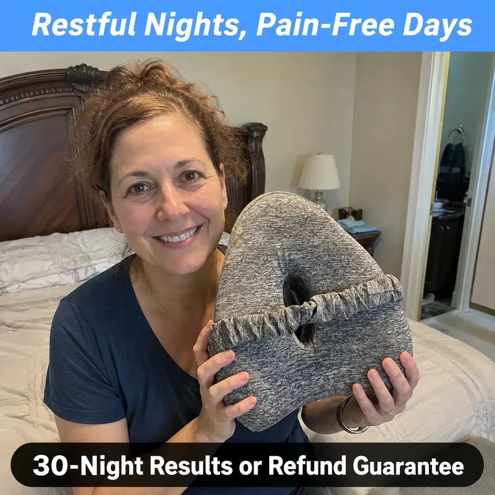 Customer holding the pillow — 30-night results or refund guarantee