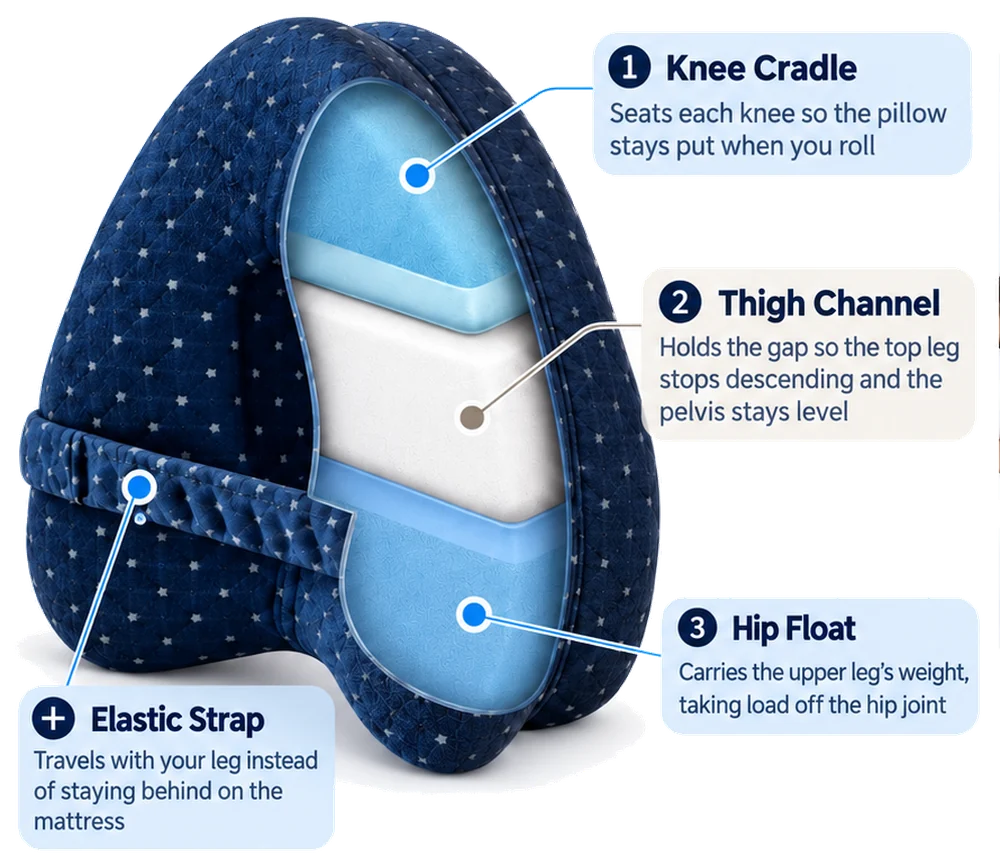 Cutaway of the SpineAlign pillow showing three zones, beside a side sleeper with a straight shoulder-to-knee line