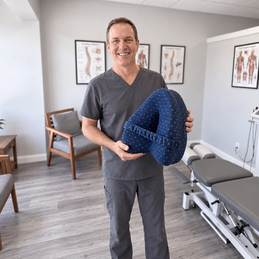 Practitioner holding the TheraPillow Spine Alignment Pillow in a clinic