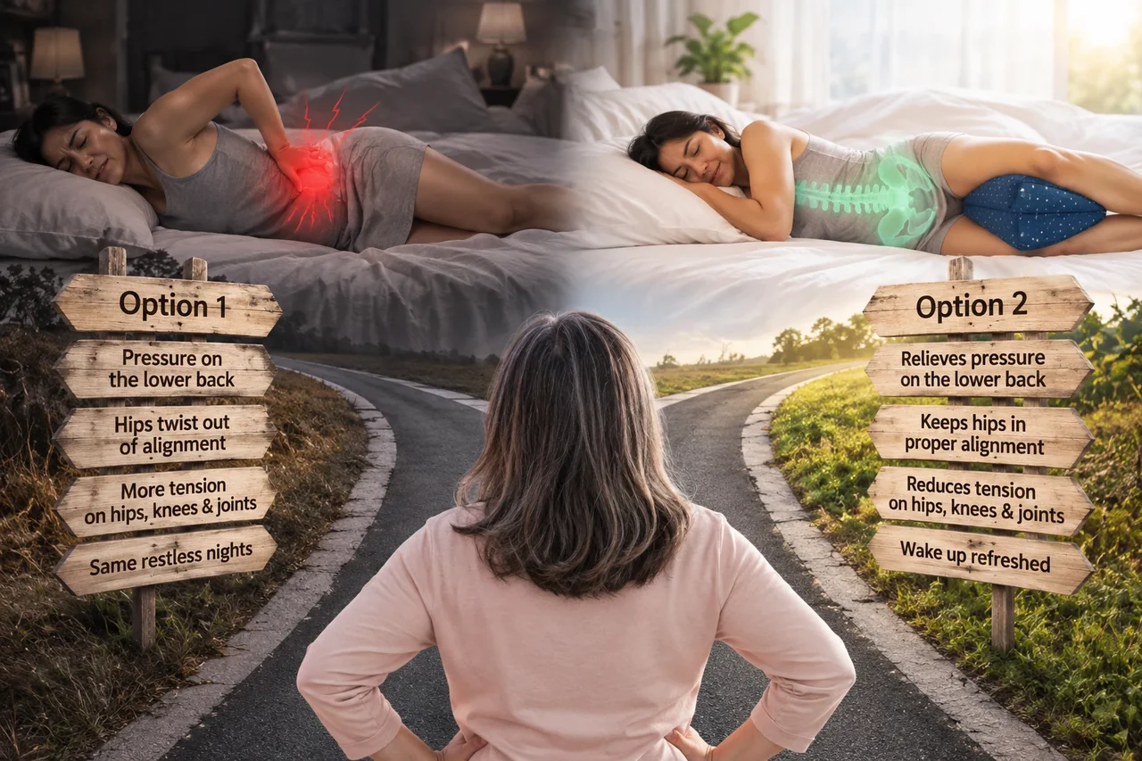 Two possible nights: unsupported side sleeping with lower-back pressure, or supported side sleeping with TheraPillow between the knees