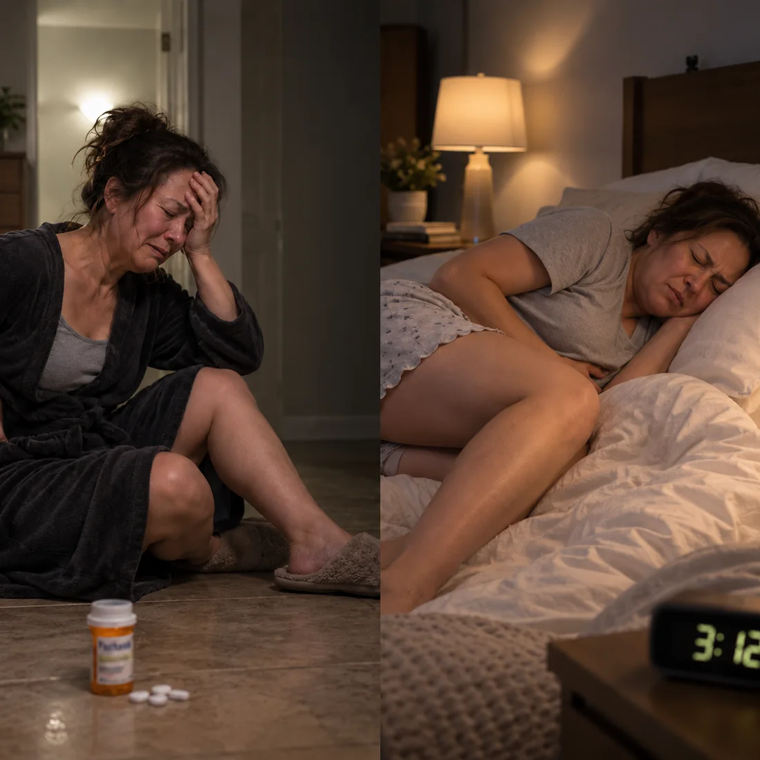 Woman awake and uncomfortable at night, and sitting up in pain in the early hours