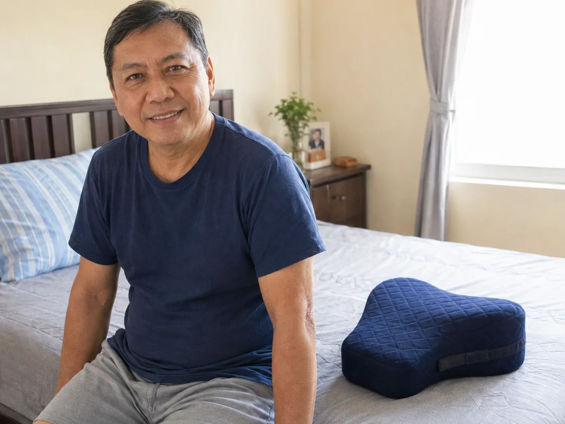 Ramon sitting comfortably at the edge of his bed beside a navy knee-support pillow
